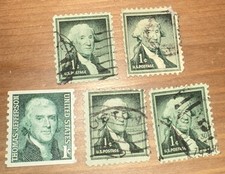 Thomas Jefferson 1 Cent US Postage Stamp - Canceled - Lot of 5 - Actual Stamps