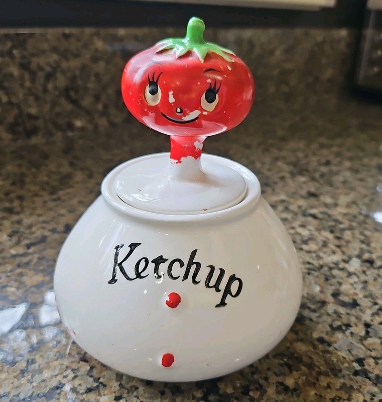 Vintage Anthropomorphic Ketchup with Tomato Head Pixieware Jar Holt Howard Era