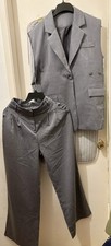 New Women's Oversized Sleeveless Blazer & Trouser Pants Set Sz L Gray Wide-Leg