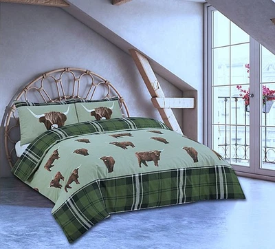 CHARLOTTE ANDERSEN Highland Cow Bedding Set Reversible Duvet Cover GreenTartan Check
