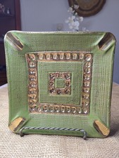 Retro MCM Vtg Bitossi Pottery Italy Aldo Londi Ashtray Trink Dish Olive Gold 8X8