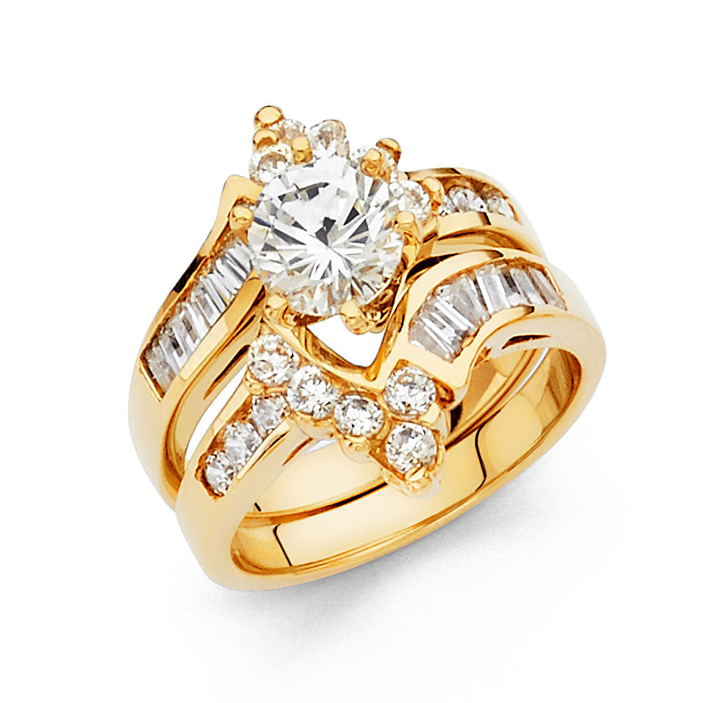 14k Yellow Gold CZ Round Bridal Duo Set Wedding Engagement Ring Band ...