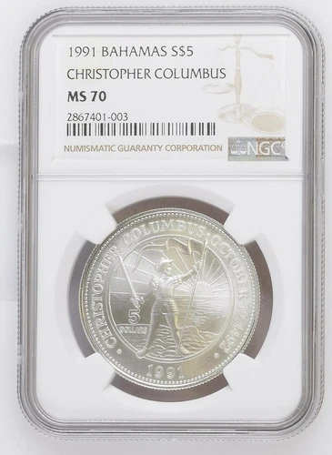 1991 BAHAMAS Silver 5 Dollar S$5 CHRISTOPHER COLUMBUS NGC MS 70 TOP POP