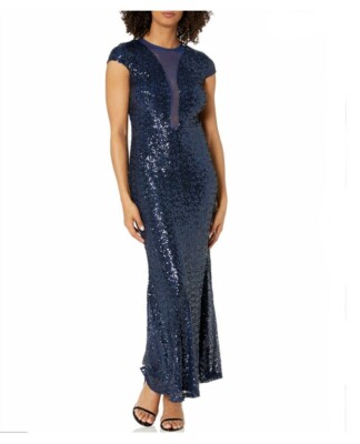 Marina Sequin Cap Sleeve Mesh Inset Sheath Gown Formal Prom Dress Size 10 