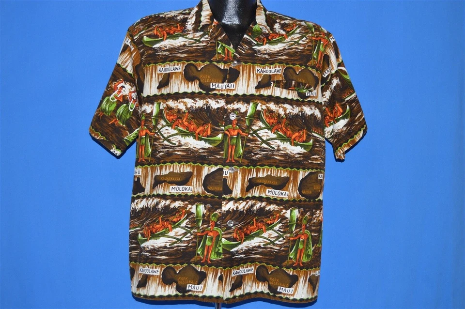 CAMISA HULA GRANDE VINTAGE AÑOS 60 ALOHA HAWAIANA NATIVA ESTABILIGGER MAUI KAHOOLAWE L Foto 2 de 4