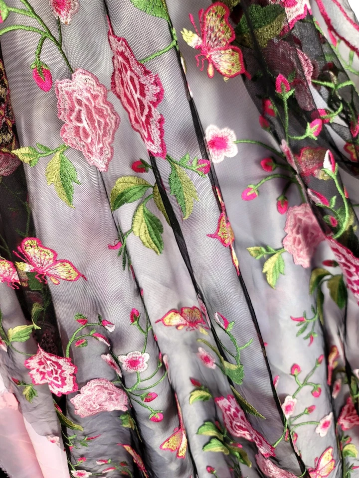 Fabric Sold By The Yard Pink Embroidery Lace Floral Flowers on Black Mesh Prom  - Image 2 of 4
