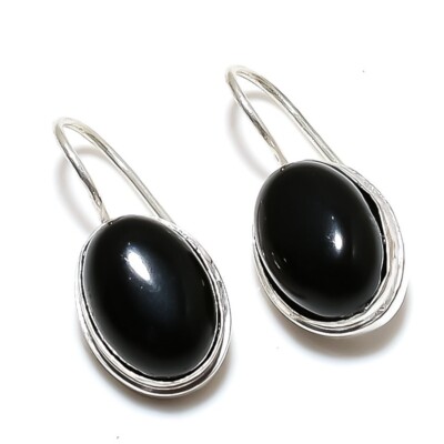 Black Onyx Gemstone 925 Sterling Silver Jewelry Stud Earring Sz 0.75''