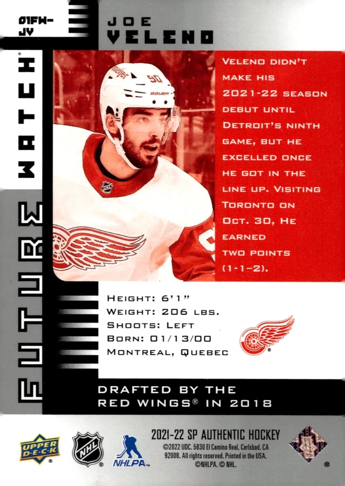 Joe Veleno - 2021-22 SP Authentic Future Watch Retro /999 Rookie Card #01FW-JV - Image 2 of 2