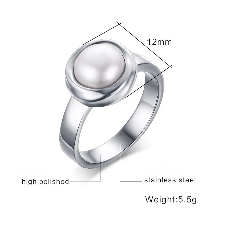 Anillo de compromiso de boda de acero inoxidable con banda de perlas naturales de lujo para mujer talla 7-9 Foto 3 de 4