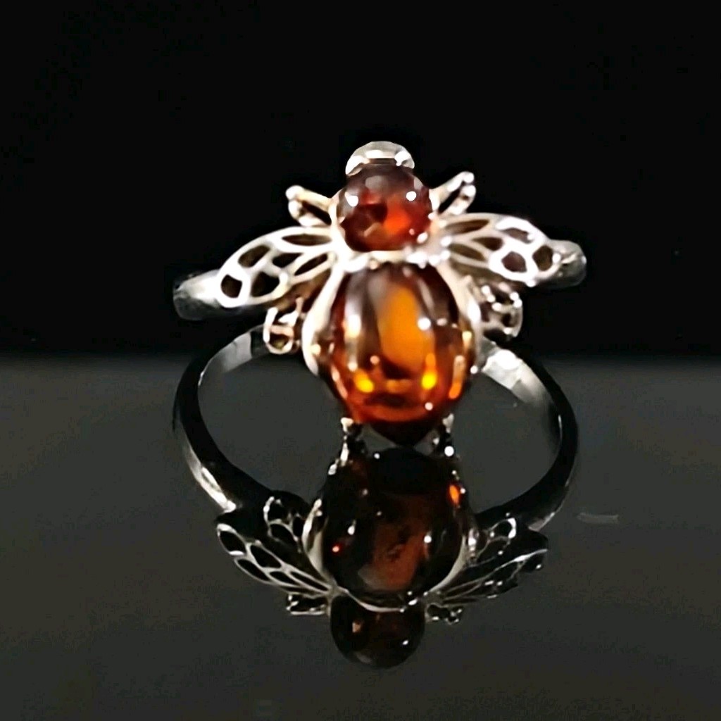 Cognac Amber Bumblebee Ring Solid Sterling Silver… - image 6