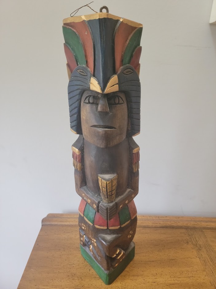 Hand-Carved Tribal Warrior Tiki Style Statue – Painted Wood – 16