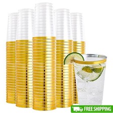 200 Pack Disposable Plastic Tumblers Heavy-Duty Gold Rimmed Cups Parties New