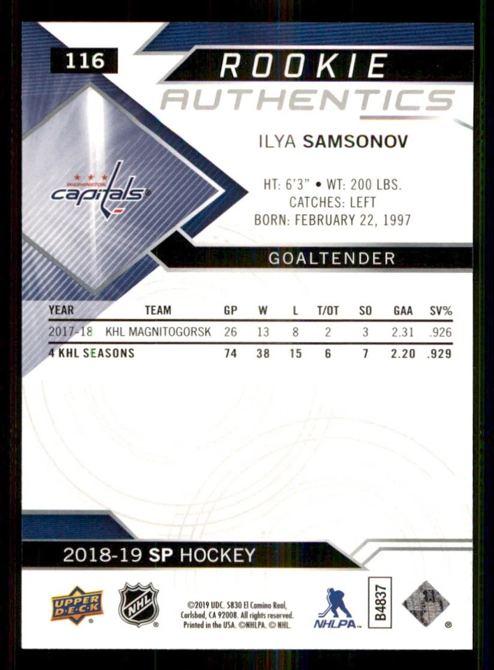2018-19 SP Blue #116 Ilya Samsonov - Image 2 of 2
