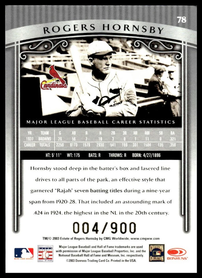 2003 Donruss Timeless Treasures #78 Rogers Hornsby #/900 - Image 2 of 2