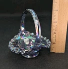 4" Purple Iridescent Fenton Label Art Glass Mini Handle Basket Vtg Ripple