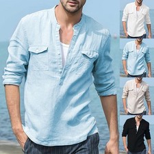 Men Long Sleeve Cotton Linen Dress Shirt Summer Solid Loose Casual Blouse Tops M