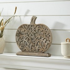 Harvest Vine Carved Wooden Pumpkin Natural 12x11x2 VHC Brands