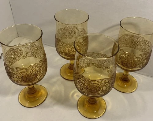 4 Vintage Etched Depression Glasses Amber Wine Glass 6.25" Tall