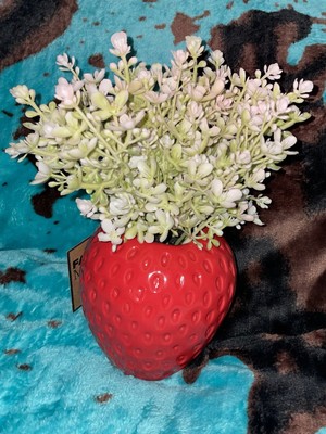 Bright Red Strawberry Vase w/ Flowering Faux White PeeGee Hydrangeas 
