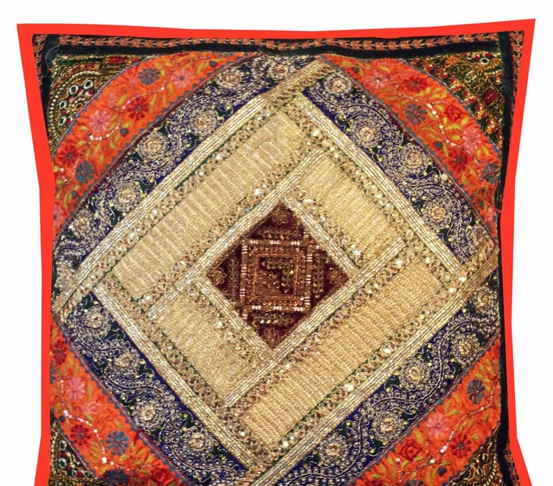 24" TRADITIONAL SARI BEADS SEQUIN HANDCRAFTED THROW TOSS CUSHION PILLOW COVER