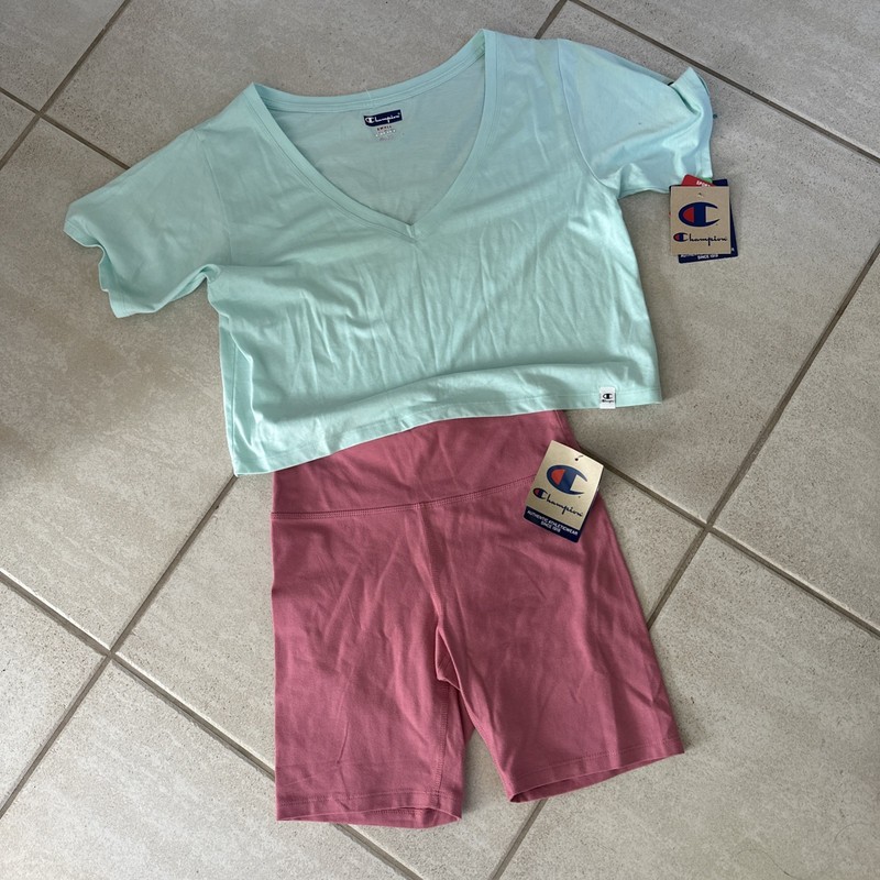 Champion Cropped V-neck Light Green Shirt & Coral Biker Shorts Size Small NWT