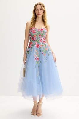 Ieena for Mac Duggal Powder Blue Tulle Midi Dress Embroidered Roses Bustier  - 8 | eBay
