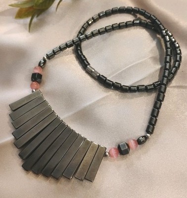 Vtg Real Stone HEMATITE Bead/Shards w/Pink Cat's Eye 16'' Barrel Clasp Necklace!