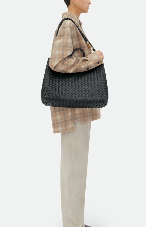 Black Woven Leather Tote Bag Handbag Shoulder Crossbody Large Purse - Image 4 of 4