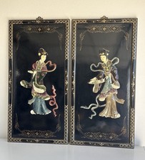 2x Vintage Black Lacquer Mother of Pearl Style Geisha Wall Art Panels 36&rdquo; X 18&rdquo;