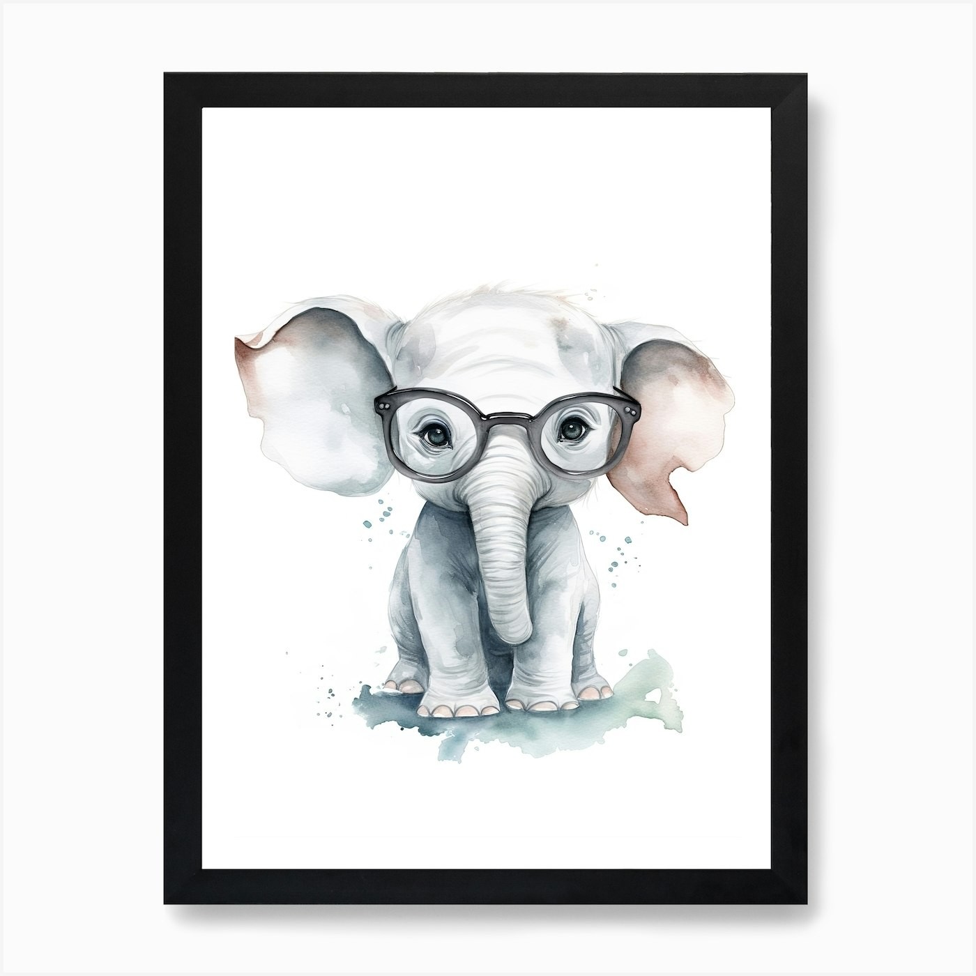 Smart Baby Elephant in Glasses Framed Wall Art Canvas Print