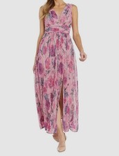 R M Richards Women's Pink Floral Pleated Crinkled V-Neck Dress Sz 12