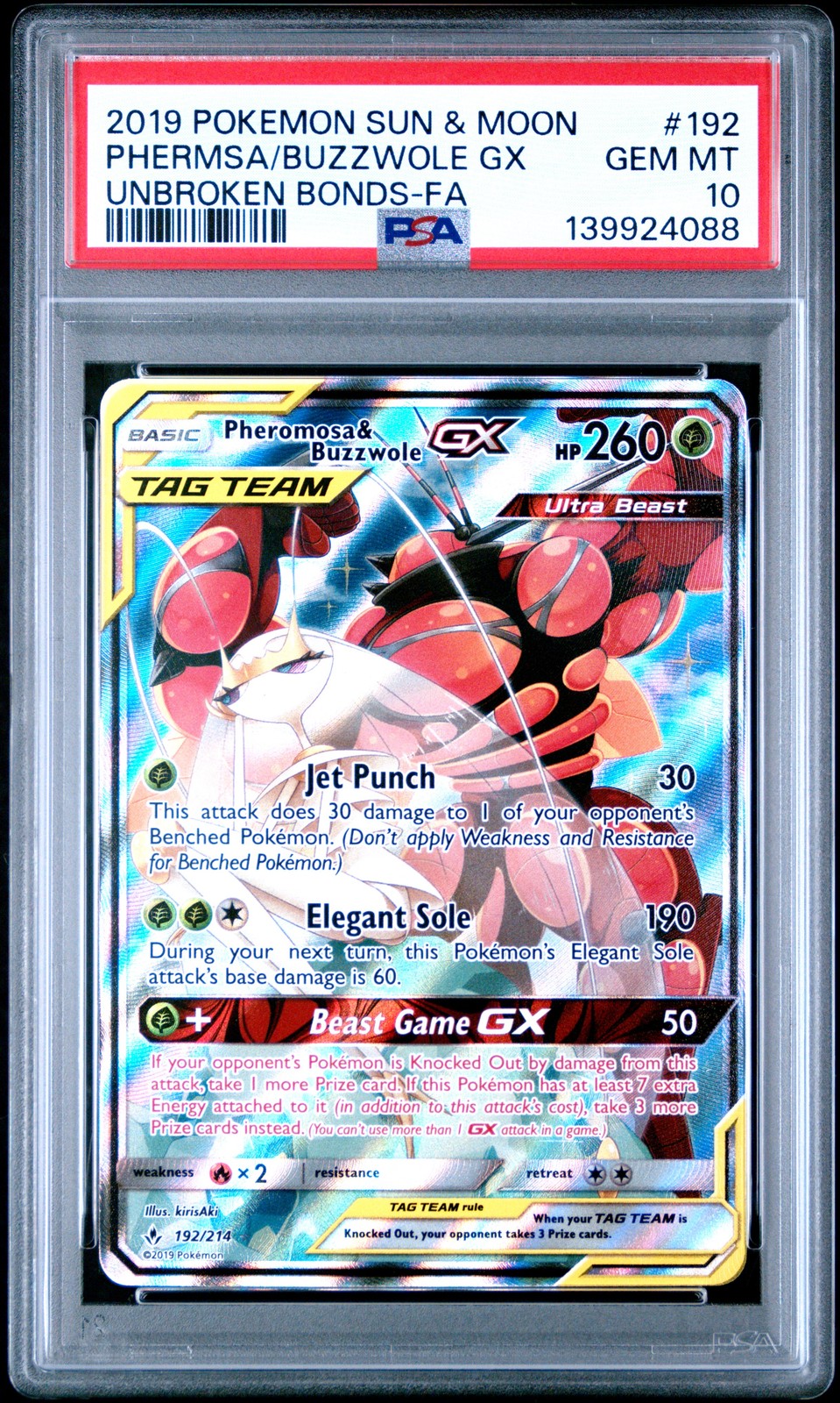 2019 PHEROMOSA & BUZZWOLE GX 192/214 UNBROKEN BONDS POKEMON PSA 10