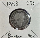 1893 P Barber Quarter 25C Cents Coin 90% Silver