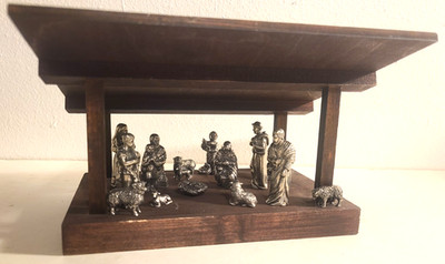 Danforth Pewter Miniature Nativity Mid Century Official Wood Display w/ figures