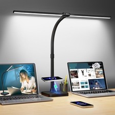 LED Desk Lamp for Home Office Double Head 24W with USB Charging Port  Wirele...