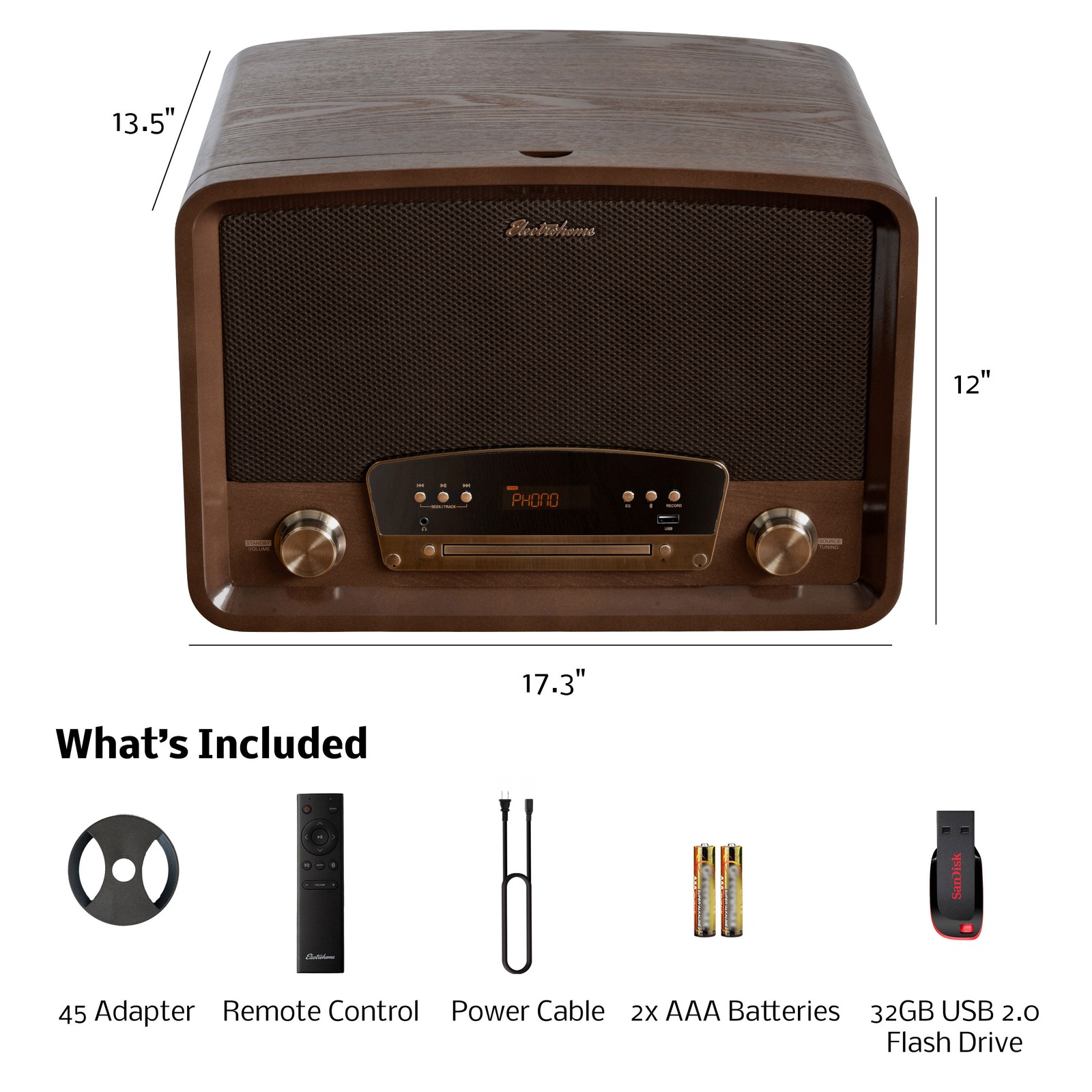 Electrohome Vinyl Record Player, Bluetooth Radio CD Vinyl to MP3, 32GB USB Drive