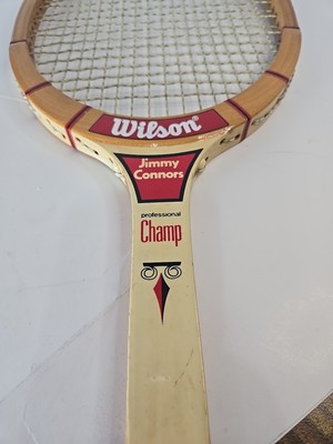 Raquette De Tennis Vintage Wilson Jimmy Connors - Bois Rouge Avec étoile Et Blé - Vintage Original