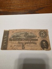 1864 $5 DOLLAR BILL, THE CONFEDERATE STATES OF AMERICA Uncertified Ungraded 
