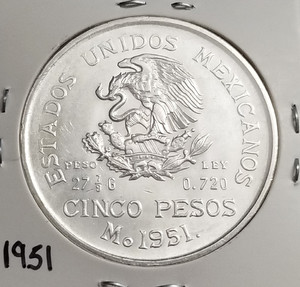 Mexico Cinco Pesos Hidalgo 1951 .720 Coin Silver KEY-DATE, Plata .720, Escasa.