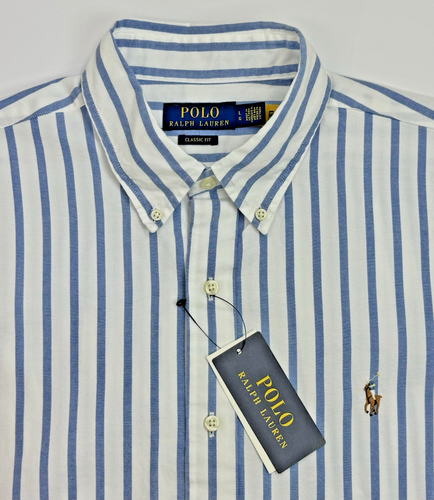 NWT Polo Ralph Lauren Oxford Shirt Blue Striped Long Sleeve Button Down Men's L