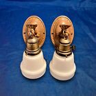 Wired Pair Antique Brass Wall Sconce Fixtures Milk White Shades 12j