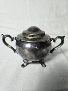 Vintage Silver Decorative Lidded Metal Footed Sugar Bowl With Dual Handles