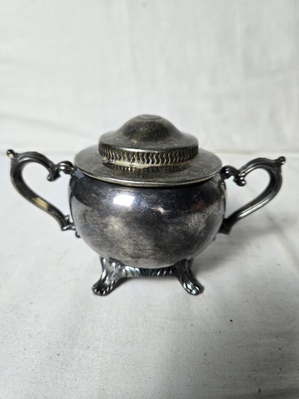 Vintage Silver Decorative Lidded Metal Footed Sugar Bowl With Dual Handles