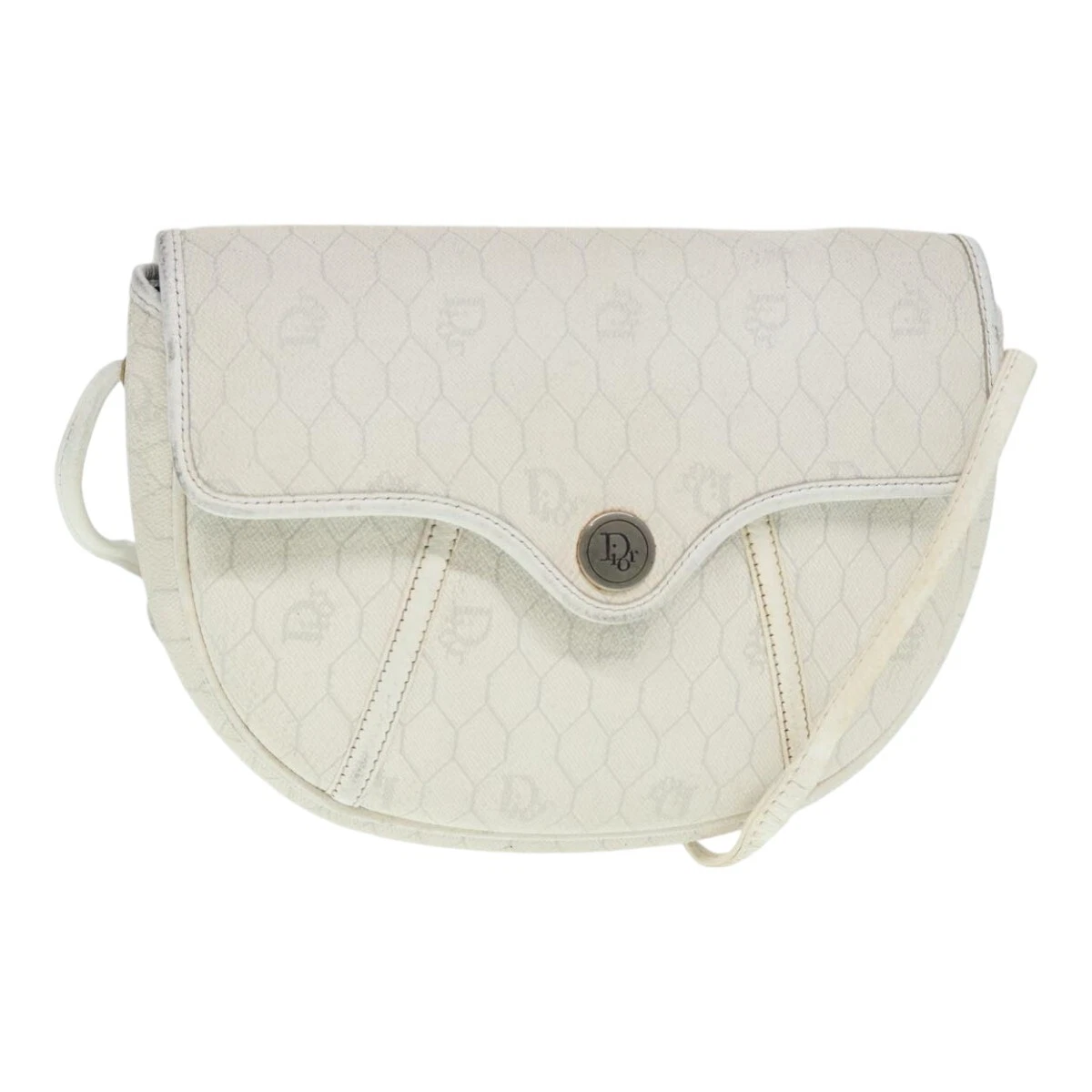Christian Dior sac à bandoulière toile nid d'abeille PVC cuir blanc or authentique 90372