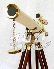 18" Brass Marine Nautical Double Barrel Telescope Navy With Wooden Tripod Stand