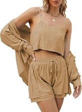 NWT 3-Piece Button Down, Crop Cami  Shorts Set Cotton Blend Apricot