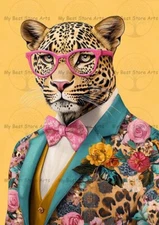 LEOPARD WITH GLASSES ART PRINT, Animal Jungle Big Cat Poster, Suit Decor F973