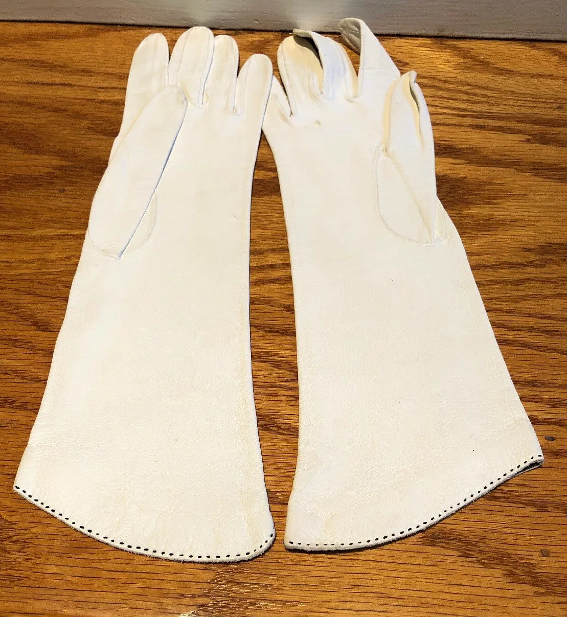 Vintage Kid Skin White Leather High Gloves Sz 6 Navy … Gem