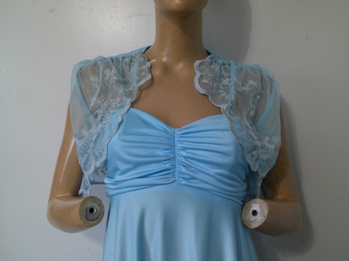 Vtg 70's Ice Blue Slinky Sexy Disco Spaghetti Strap Maxi Dress w Lace Shrug S - Picture 10 of 10