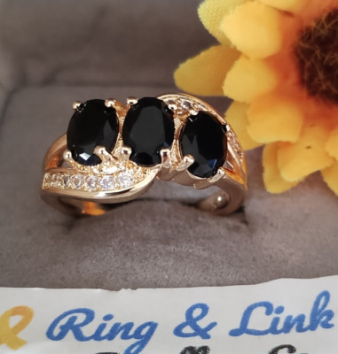 E2E: Woman Gold Overlay Silver Ring. Size N-O. Black Obsidian & Beryl Simulated
